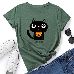 NWT 🎃 Teedino | Army Green 'Candy Pleez' Cat Tee - sz 12/14